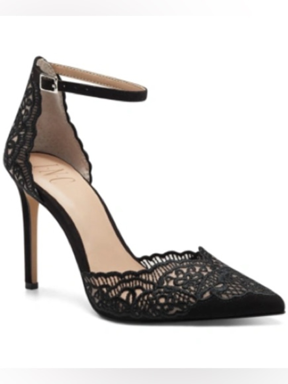 0177: INC International Concepts Kinleef Black Lace Pointed-Toe Ankle-Strap Heel